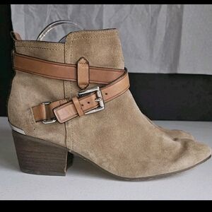 COACH Pauline Taupe Camel Tan Size 7B Leather Ankle Booties Suede Strappy Buckle